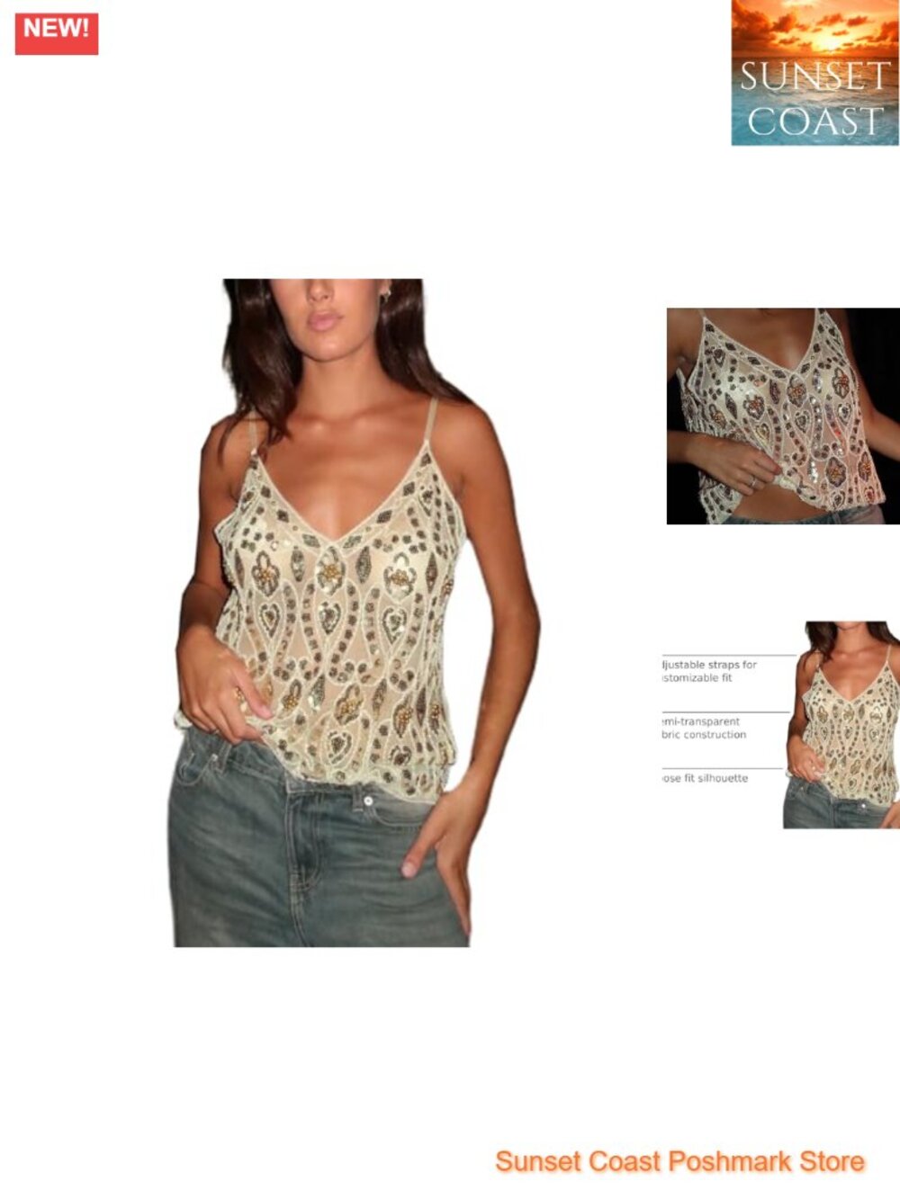 Semi Sheer Sequin Tank Top V-Neck Sleeveless Sparkly Cami Bodycon